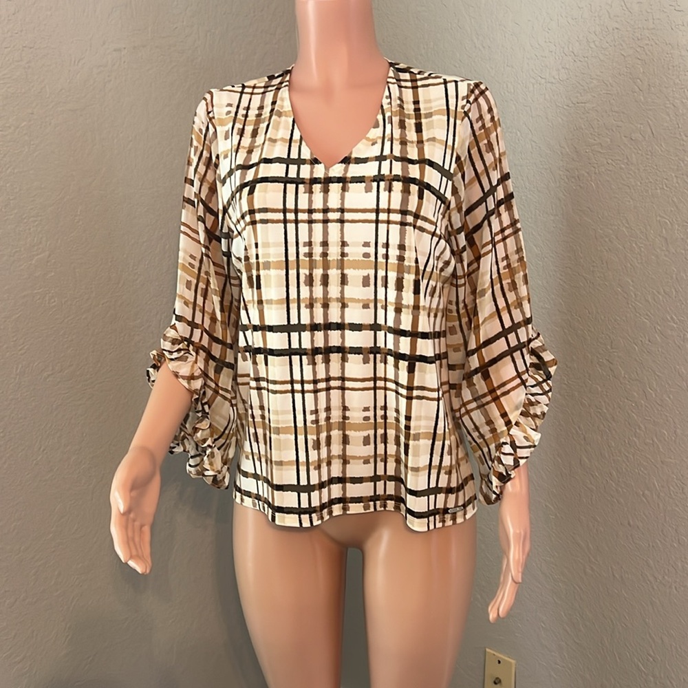 Calvin Klein Ruffled 3/4 Length Sleeve Plaid Casual Blouse Womens Sz MEDIUM #175